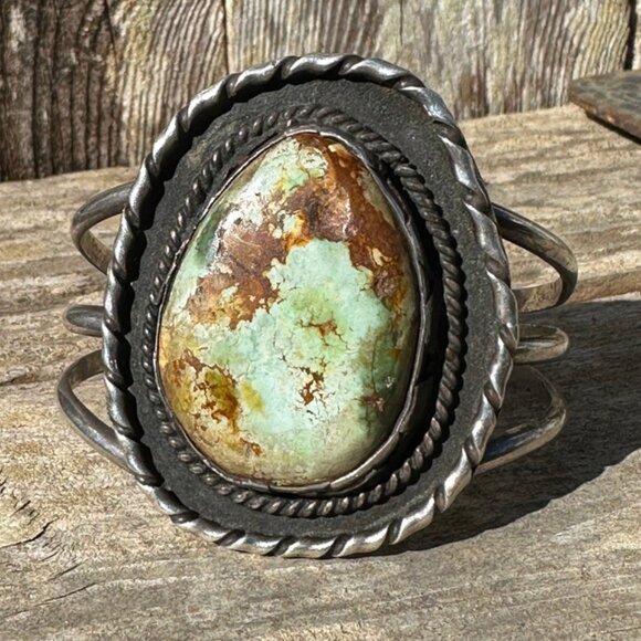 Huge Navajo Sterling Silver Cuff Bracelet Natural Green Brown Turquoise - Picture 5 of 6